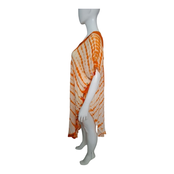 SANTE CLASSICS Orange Multicolor Tie Dye Summer Embellished Short Caftan OneSize - Picture 2 of 5